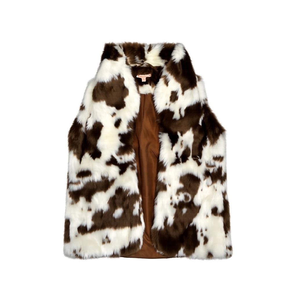 Magnolia Lane Faux Fur Cow Print Vest Brown White Women's Sleeveless Size M